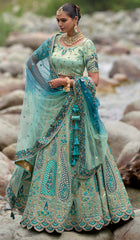 Contrasting Designer light blue lehenga on viscose with Zari, Hand, Thread, embroidery detailed work indian aspired work