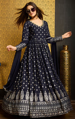 Exclusive Designer Navy Blue Gown on georgette with detailed metallic foil work and handwork on neck