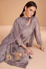 Pastel Purple Pure organza silk dress with net duppata and minimul work