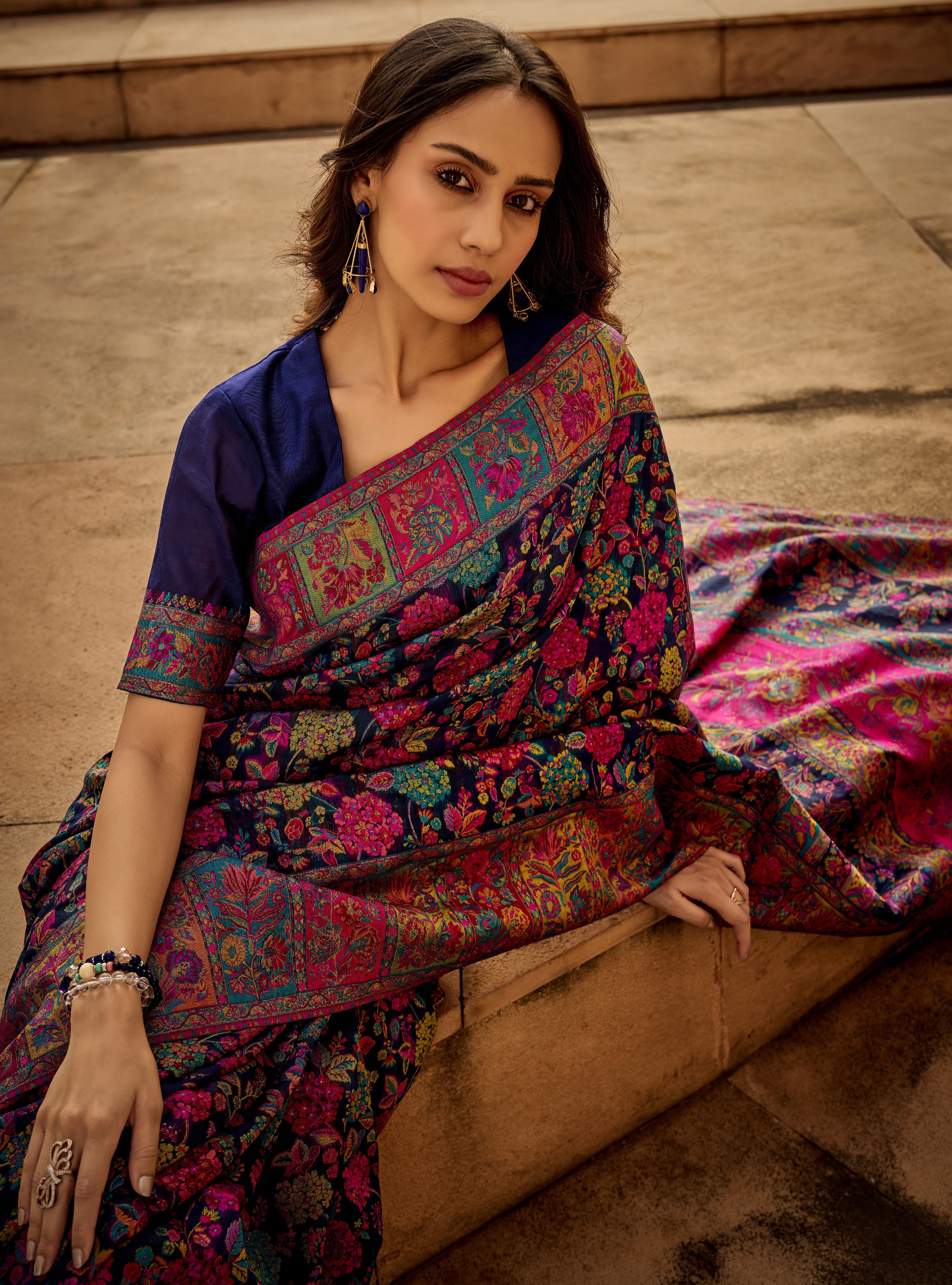 Kashmiri saree exclusive light shaded collection with detailed kashmiri inspired work on modal kashmiri fabric