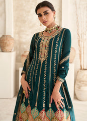 Exclusive Green Pure Silk Designer Flared Salwar Suit with Detailed Embroidery | Salwar Kameez | Designer Dress