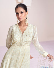 Elegant Designer White Lucknowi Embroidered Anarkali Dress with contrasting Organza Dupatta | Dress for all Occasion | Anarkali Dress