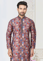 Contrasting indian aspiring Printed khakhi on jacquard silk Mens kurta for wedding and other occasion comes with pajama