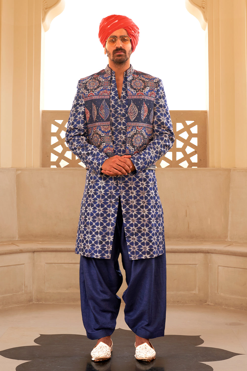 Exclusive latest blue designer mens indowestern sherwani kurta in pure pv silk and foil print  with handwork