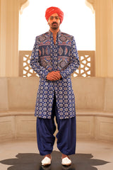 Exclusive latest blue designer mens indowestern sherwani kurta in pure pv silk and foil print  with handwork