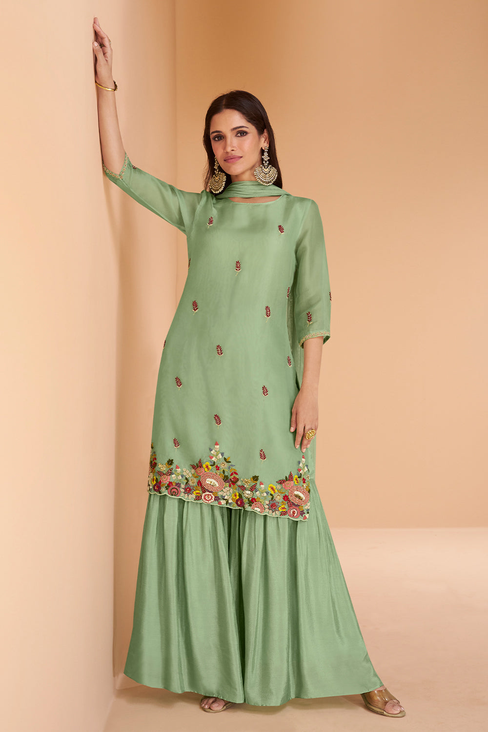 Pastle Green Pure organza silk dress with net duppata and minimul work