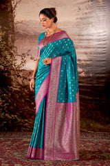 Contrasting dark shaded Rama Banarasi soft silk saree with detailed banarasi inspired work