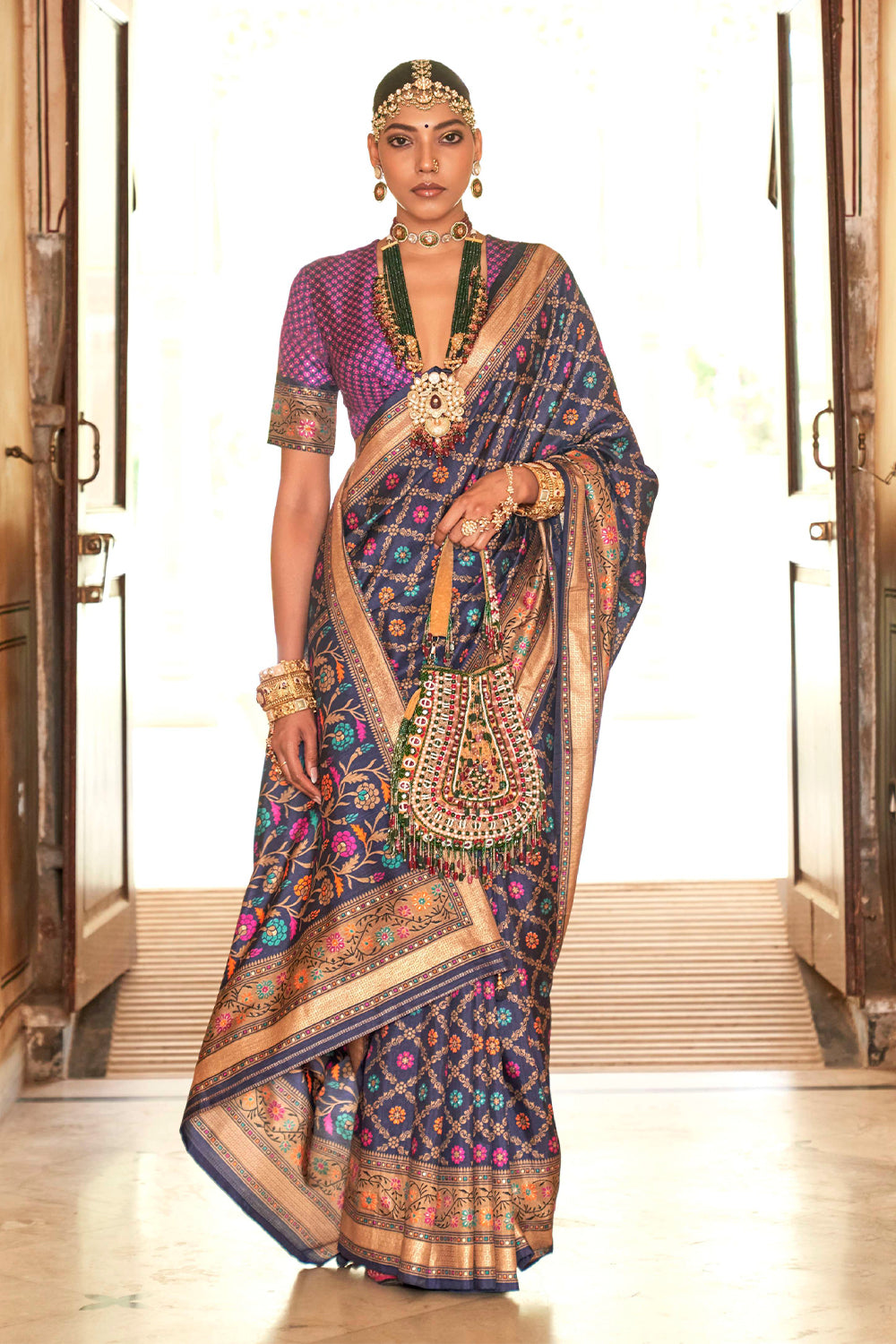 Exclusive Banarasi printed silk saree with elegant gold printed work