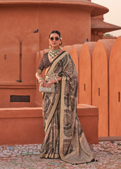 Weaved brown Shaded Ajrak Inspired silk saree with gold finish | Silk saree