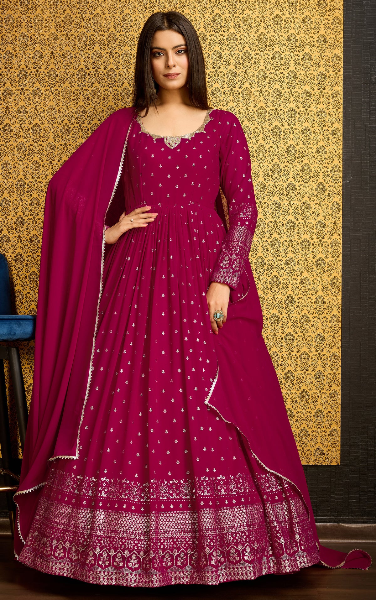 Exclusive Designer Pink Gown on georgette with detailed metallic foil work and handwork on neck