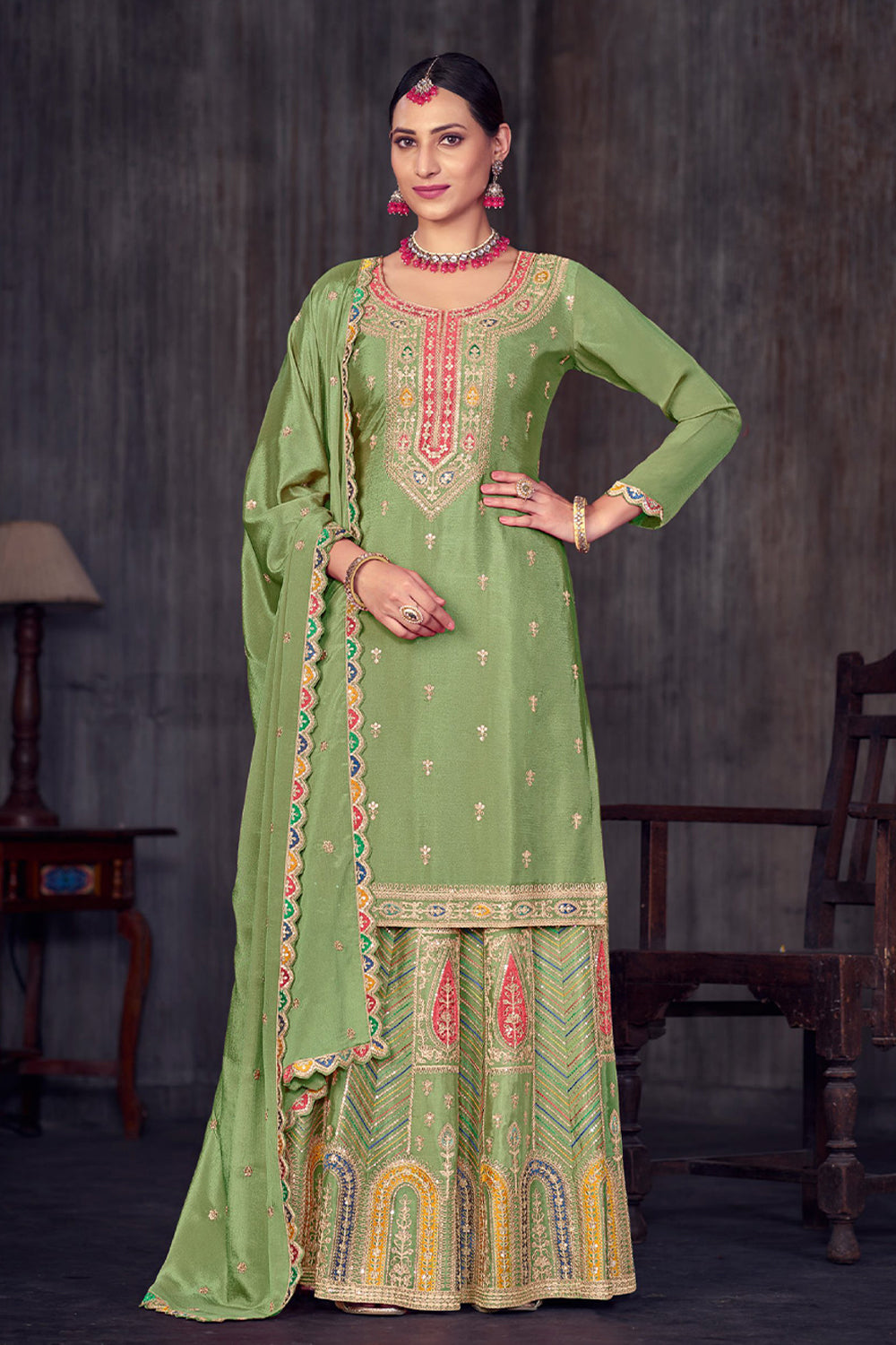 Premium Chinon silk designer Light green shaded dress with detailed embroidery and work (Copy)