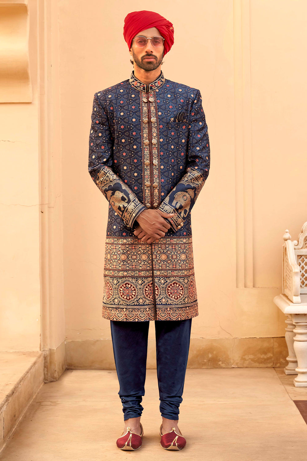 Exclusive latest Royal Blue designer mens indowestern sherwani kurta in pure pv silk and foil print patola inspired with handwork.