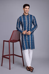 Blue Contrasting indian aspiring Printed rayon Mens kurta for wedding and other occasion comes with pajama