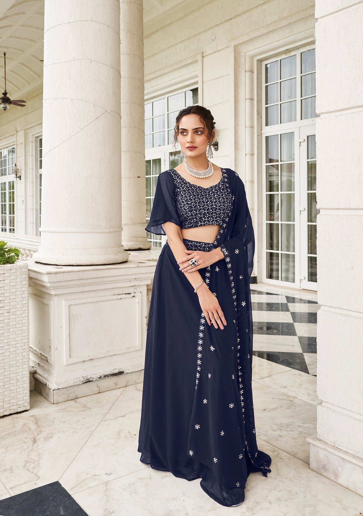 Premium Royal Blue indo western with detailed embroidery on pure georgette and sharara style | indo western style | bollywood style