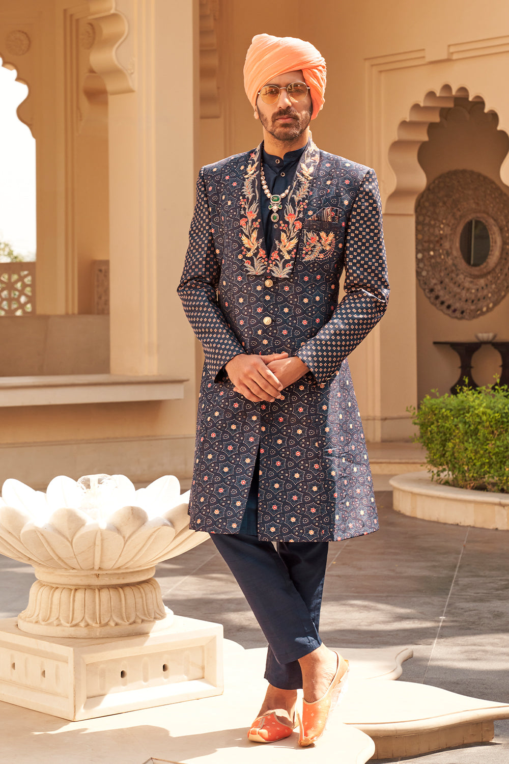 Exclusive latest Royal Blue designer mens indowestern sherwani kurta in pure pv silk and foil print patola inspired with handwork.