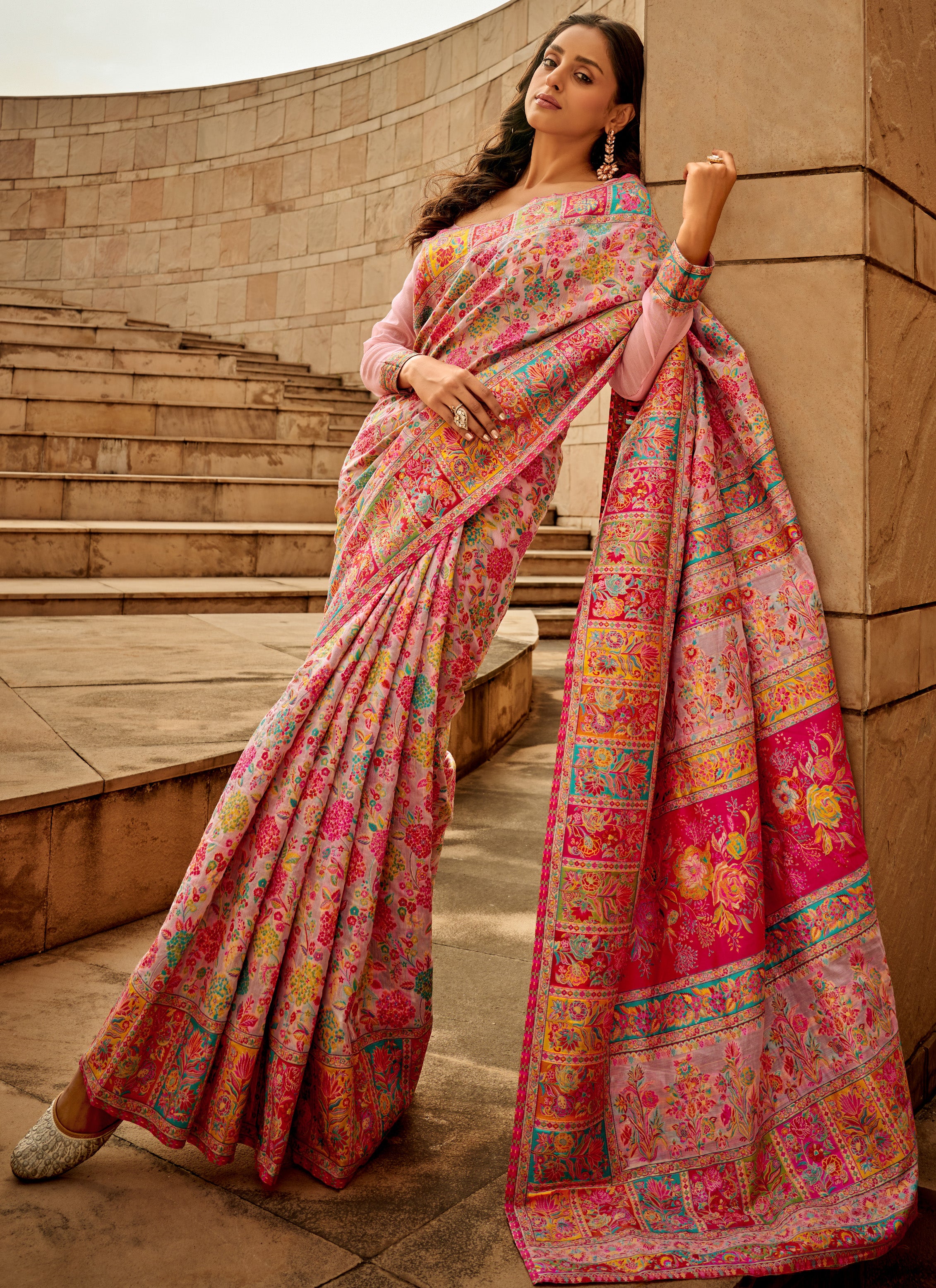 Kashmiri saree exclusive light shaded collection with detailed kashmiri inspired work on modal kashmiri fabric