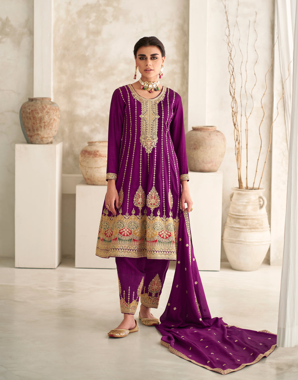 Exclusive Purple Pure Silk Designer Flared Salwar Suit with Detailed Embroidery | Salwar Kameez | Designer Dress