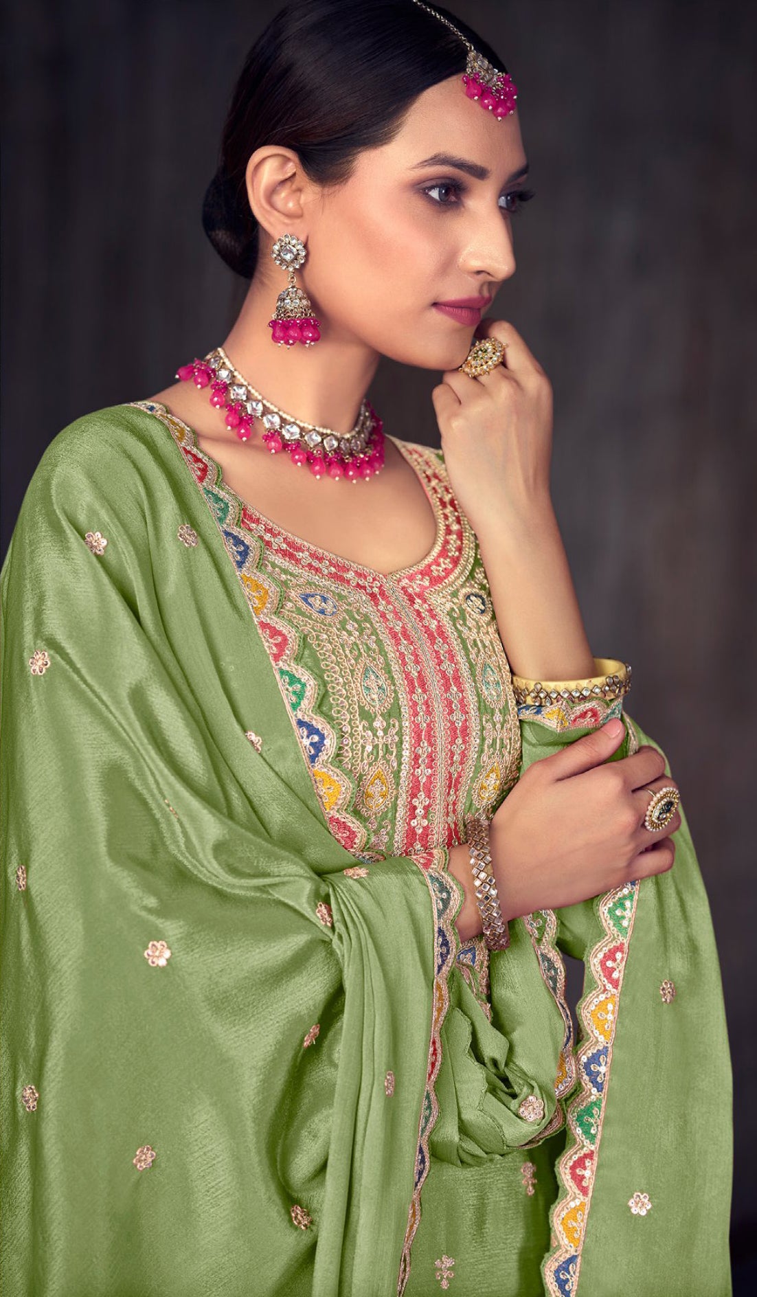 Premium Chinon silk designer Light green shaded dress with detailed embroidery and work (Copy)