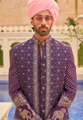 Exclusively for couple combo Purple designer outfit in pure pv silk and foil print with detailed hand mirror work