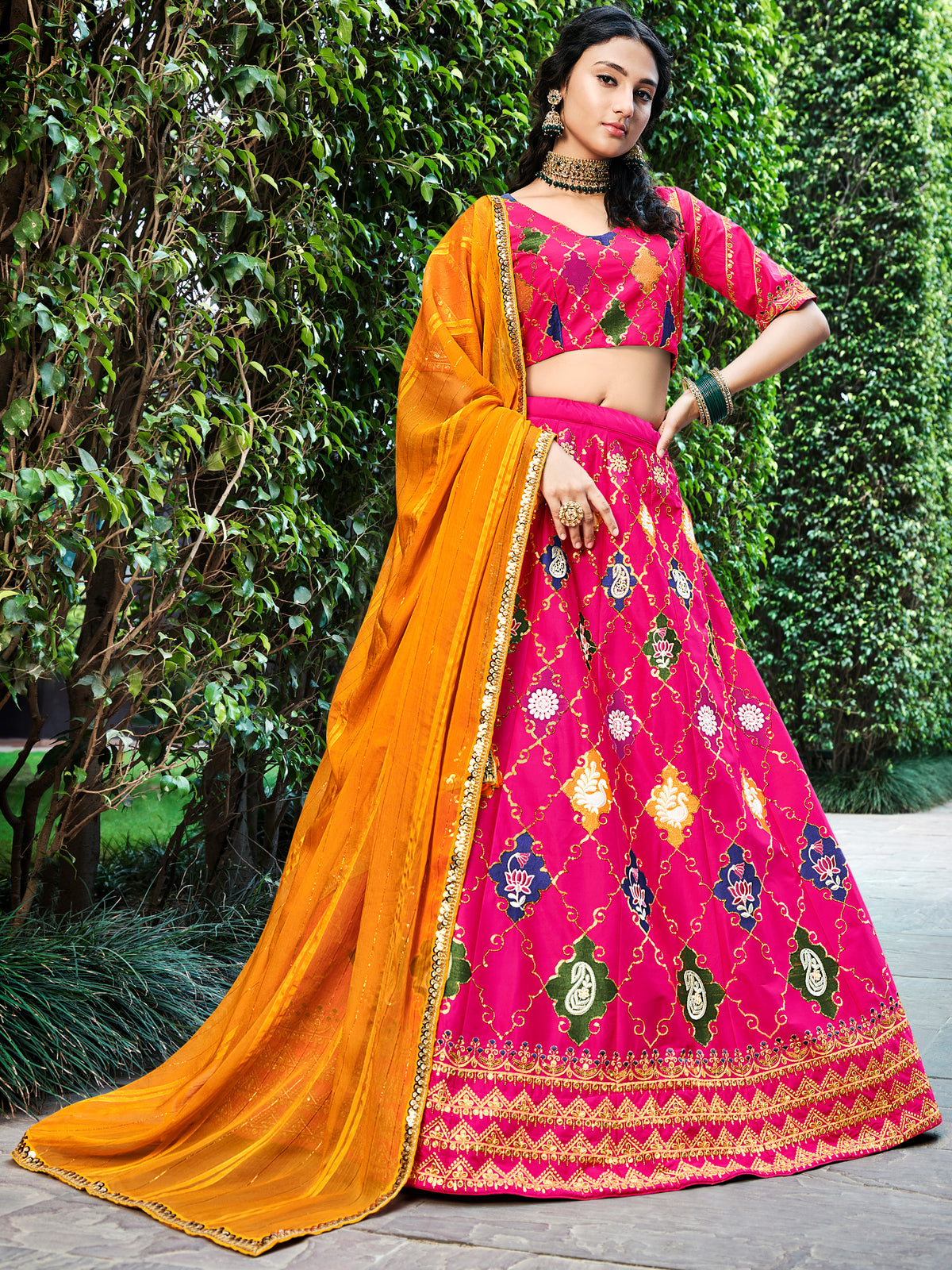 Contrasting lehenga inspired on india art and culture embroidery on silk