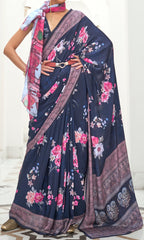 Blue Floral Inspired Digital Printed Kalamkari Saree On pure silk crape