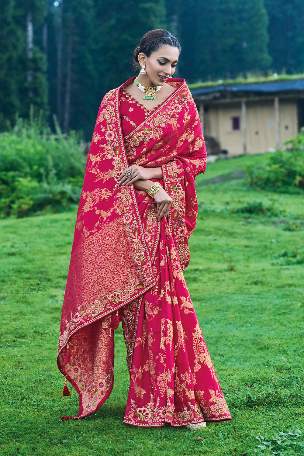 Premium Pink Latest designer heavy saree with detailed hand and embroidery work