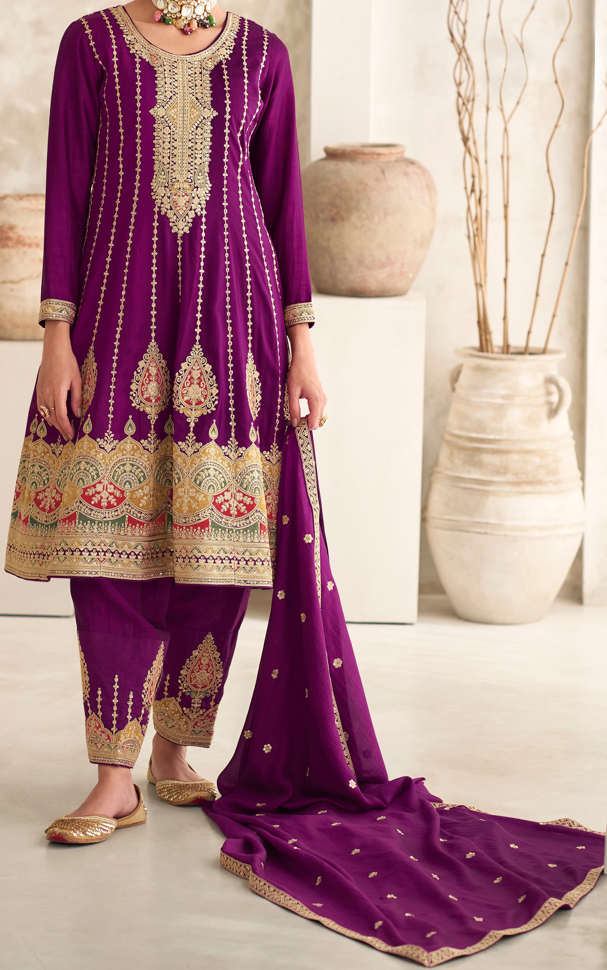 Exclusive Purple Pure Silk Designer Flared Salwar Suit with Detailed Embroidery | Salwar Kameez | Designer Dress