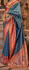 Royal Blue contrasting blouse on Jacquard Weaved Banarasi Design saree With Stone Work | Banarasi Saree