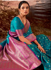 Contrasting dark shaded Rama Banarasi soft silk saree with detailed banarasi inspired work