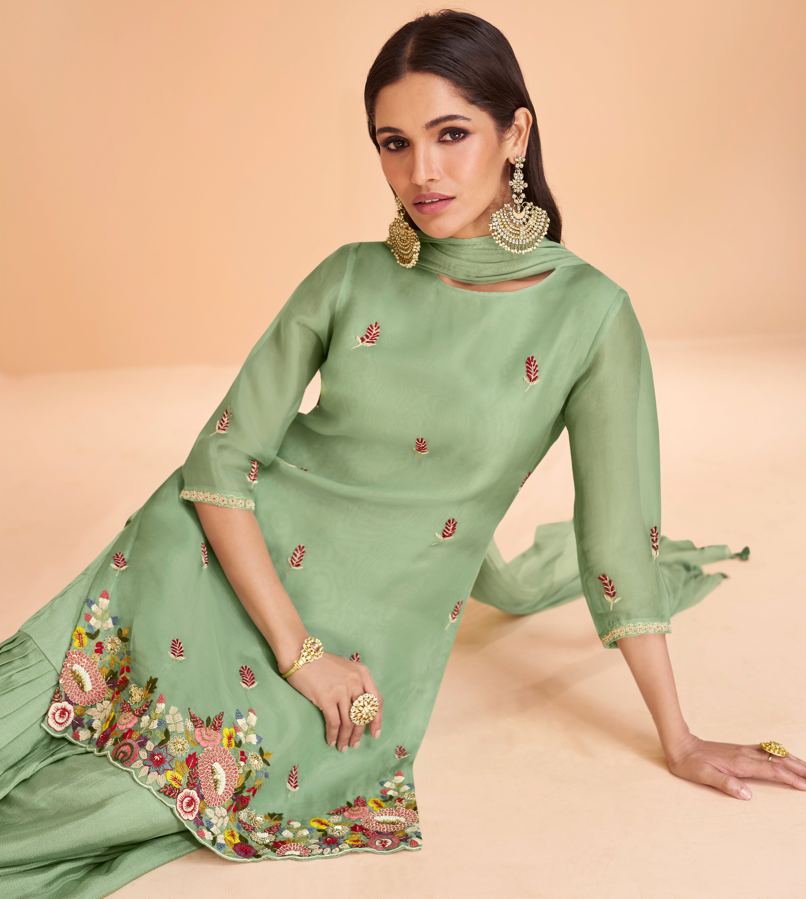 Pastle Green Pure organza silk dress with net duppata and minimul work