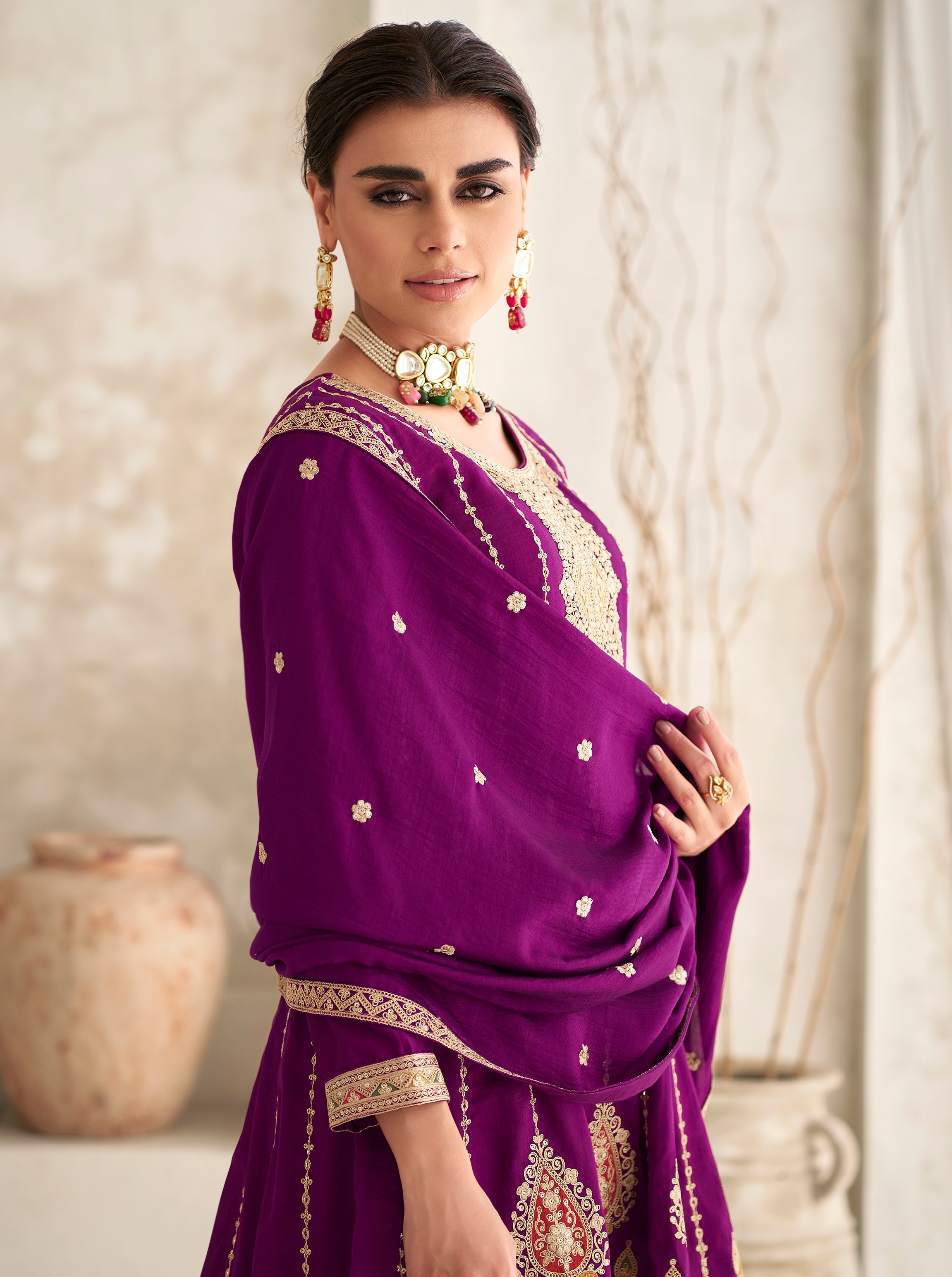 Exclusive Purple Pure Silk Designer Flared Salwar Suit with Detailed Embroidery | Salwar Kameez | Designer Dress