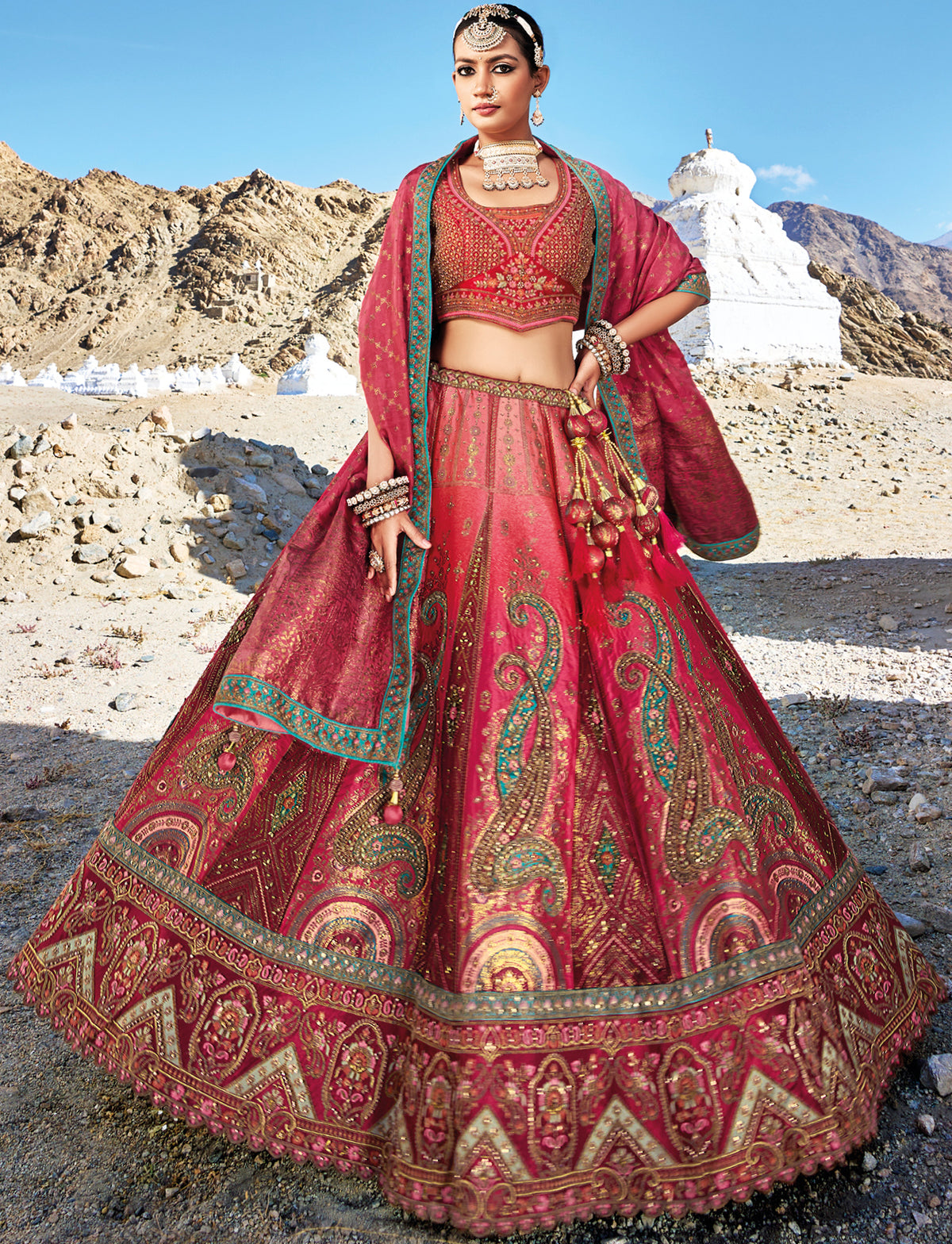 Pure gazzi satin banarasi lehenga with detailed indian aspired print handwork