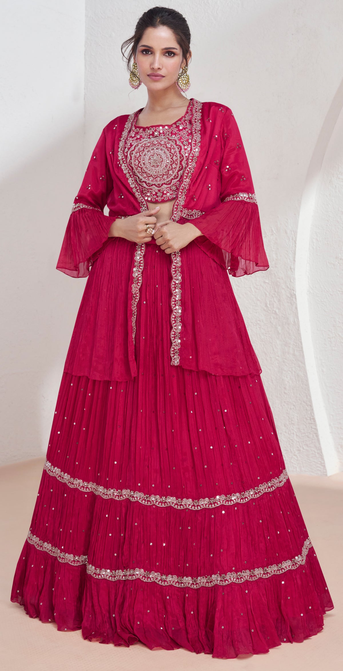 Exclusive designer Dark pink pure georgette dress with detailed embroidery lace Shrug