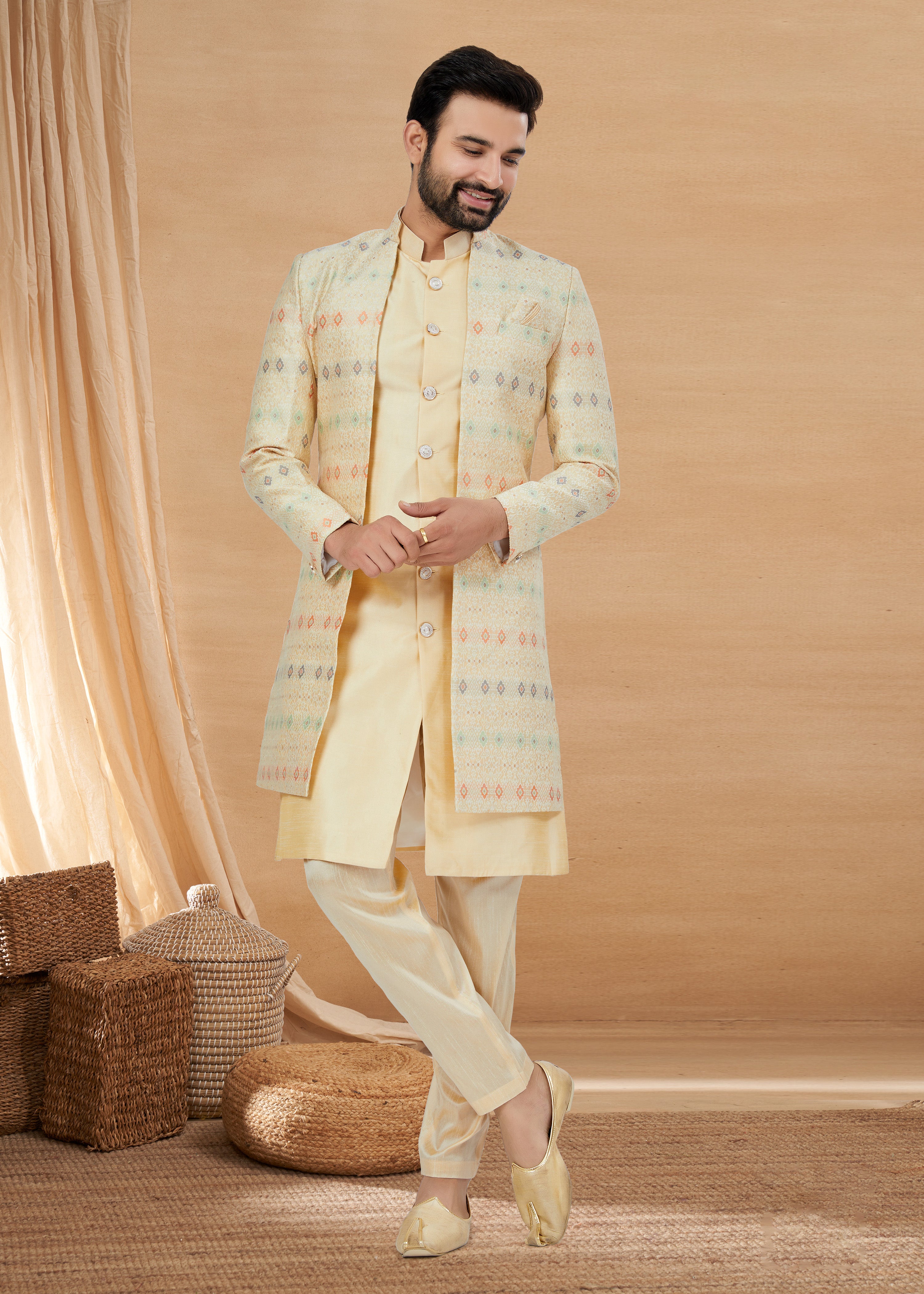 Exclusive Contrasting cream Thread and Detailed Embroidery Work Indo Western, Sherwani | Indian Traditional Mens Wear