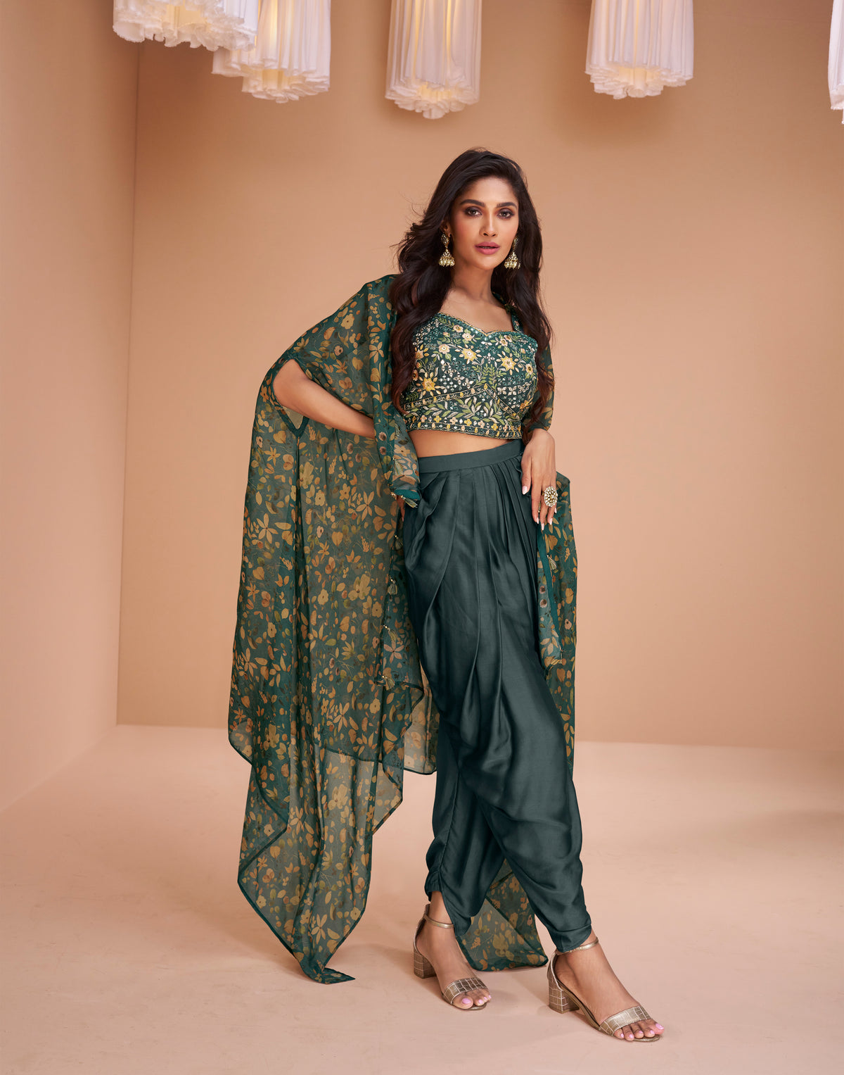 Exclusive handwork on viscose nylon Dhoti style Green dress with floral shrug | unique dress indian wear