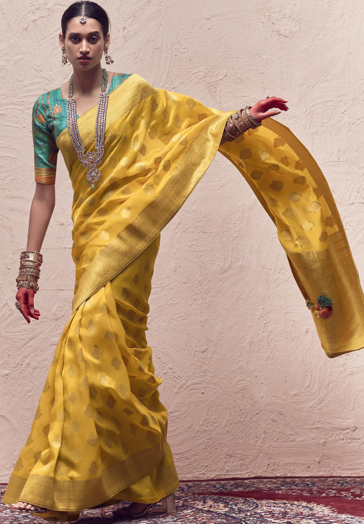 Contrasting Fancy Blouse Saree on Pure Crape Dola Silk Saree with Tussles on Pallu