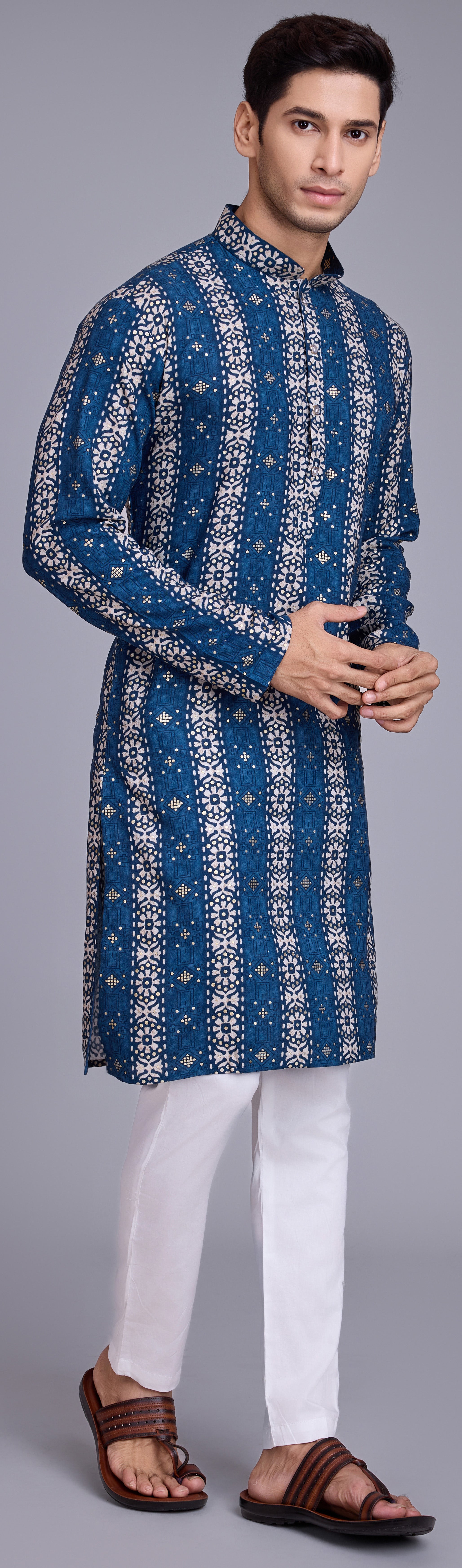 Blue Contrasting indian aspiring Printed rayon Mens kurta for wedding and other occasion comes with pajama