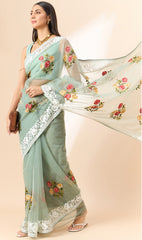 Latest light Blue shaded organza saree with detailed embroidery and floral inspired design saree for all occasion