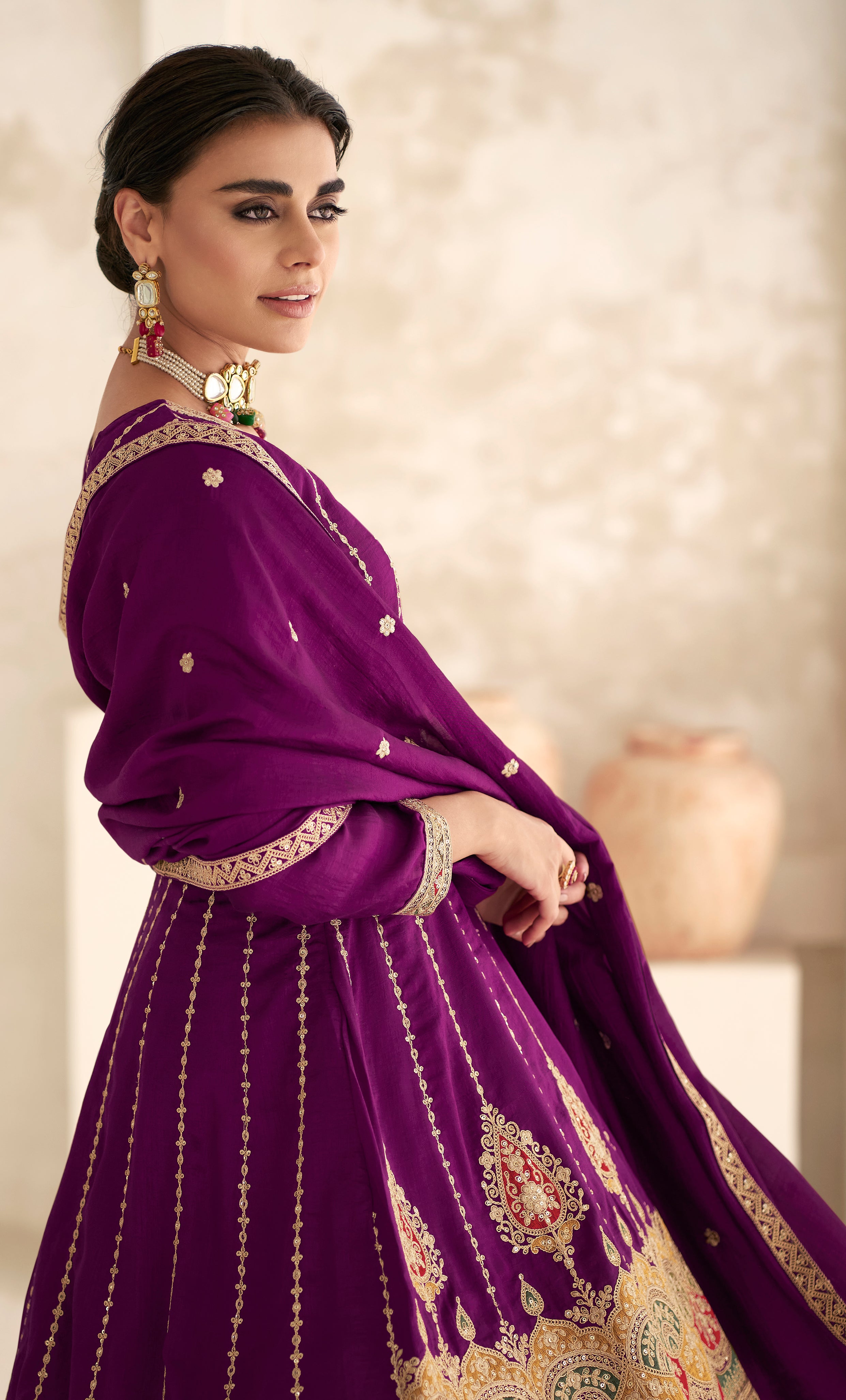 Exclusive Purple Pure Silk Designer Flared Salwar Suit with Detailed Embroidery | Salwar Kameez | Designer Dress