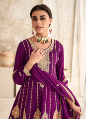 Exclusive Purple Pure Silk Designer Flared Salwar Suit with Detailed Embroidery | Salwar Kameez | Designer Dress