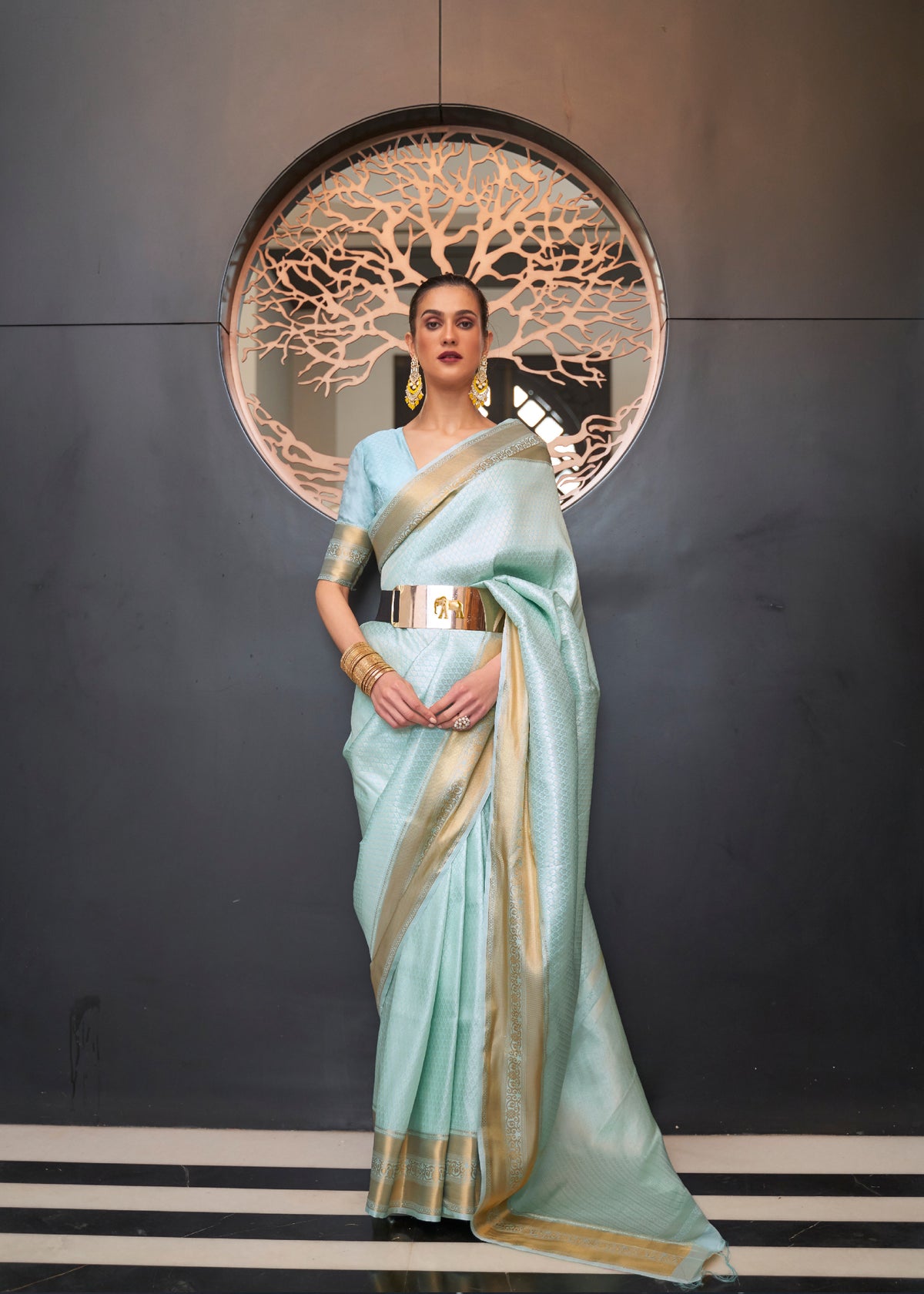 Premium Light blue Soft Silk saree with Golden border and detailed Weaving | Celebrities Saree | Premium Saree