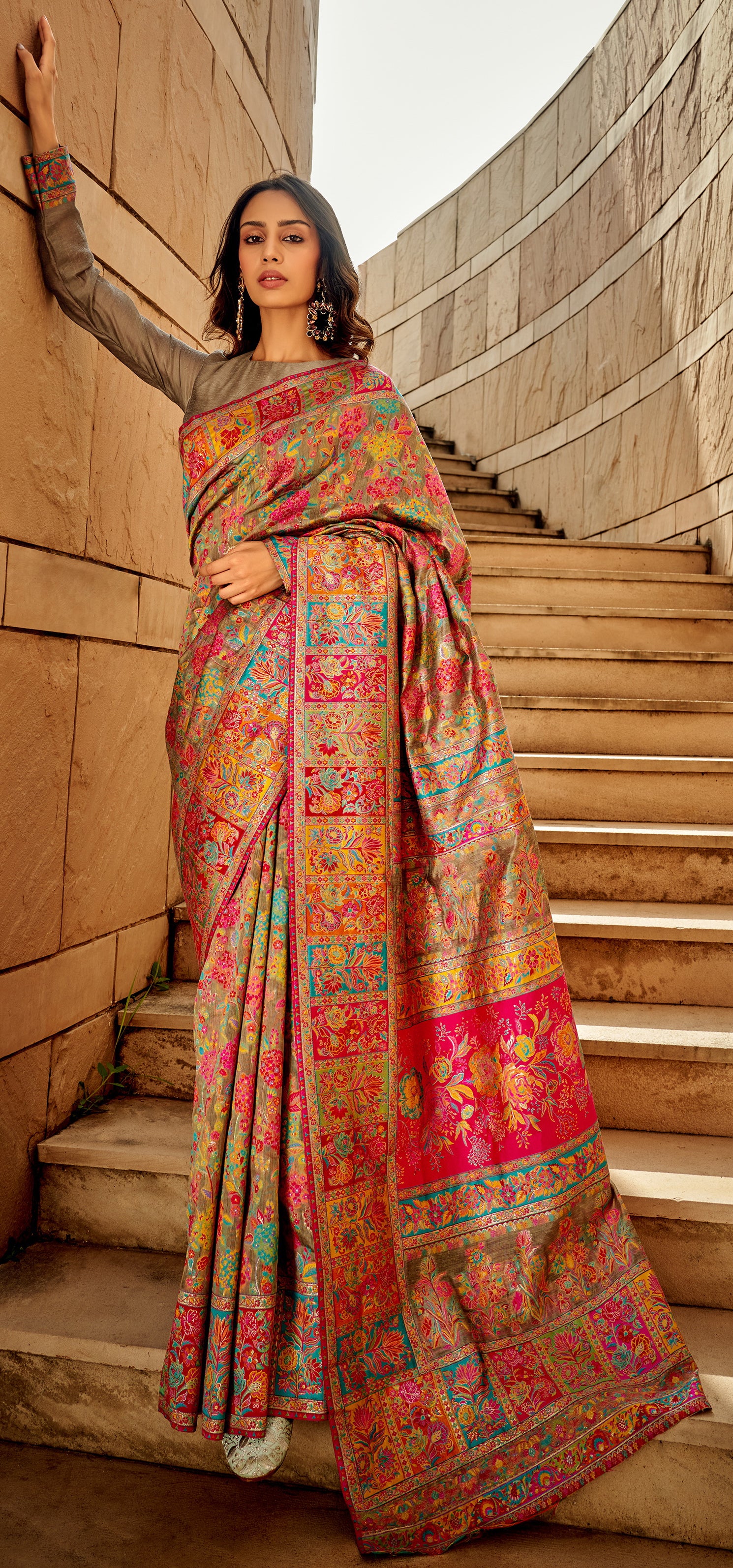 Kashmiri saree exclusive light shaded collection with detailed kashmiri inspired work on modal kashmiri fabric