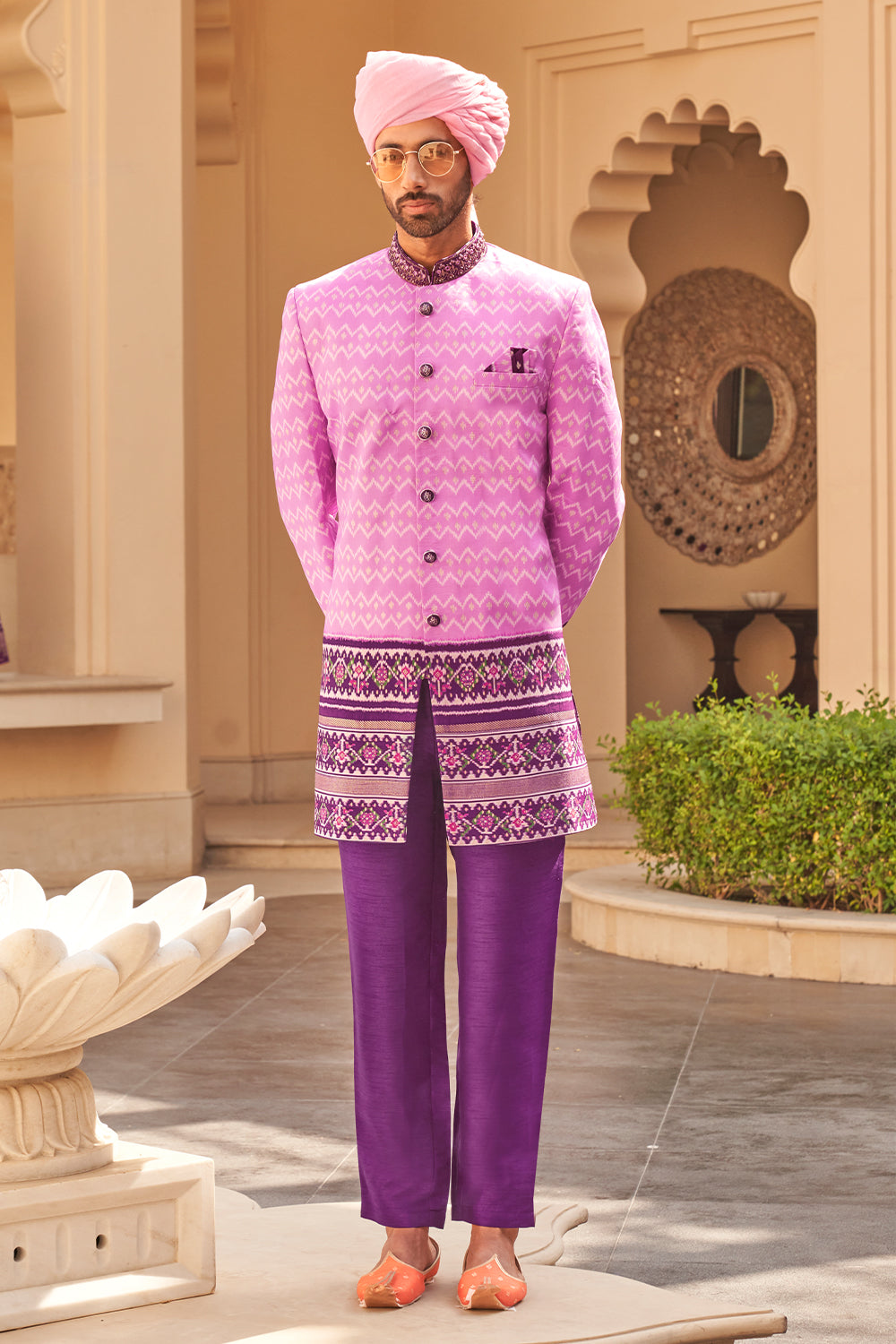 Exclusive latest purple designer mens indowestern sherwani kurta in pure pv silk and foil print  with handwork