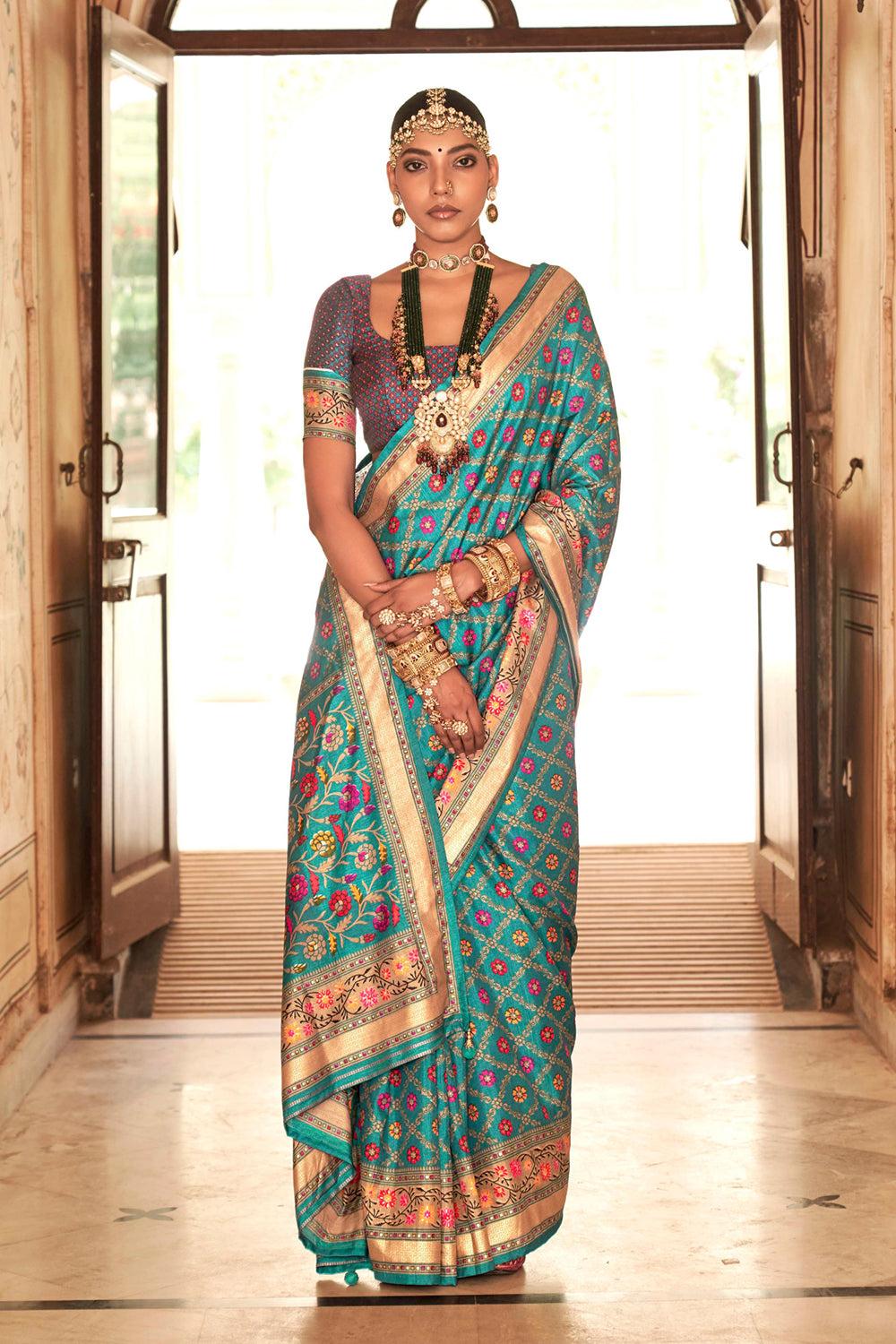 Exclusive Banarasi printed silk saree with elegant gold printed work