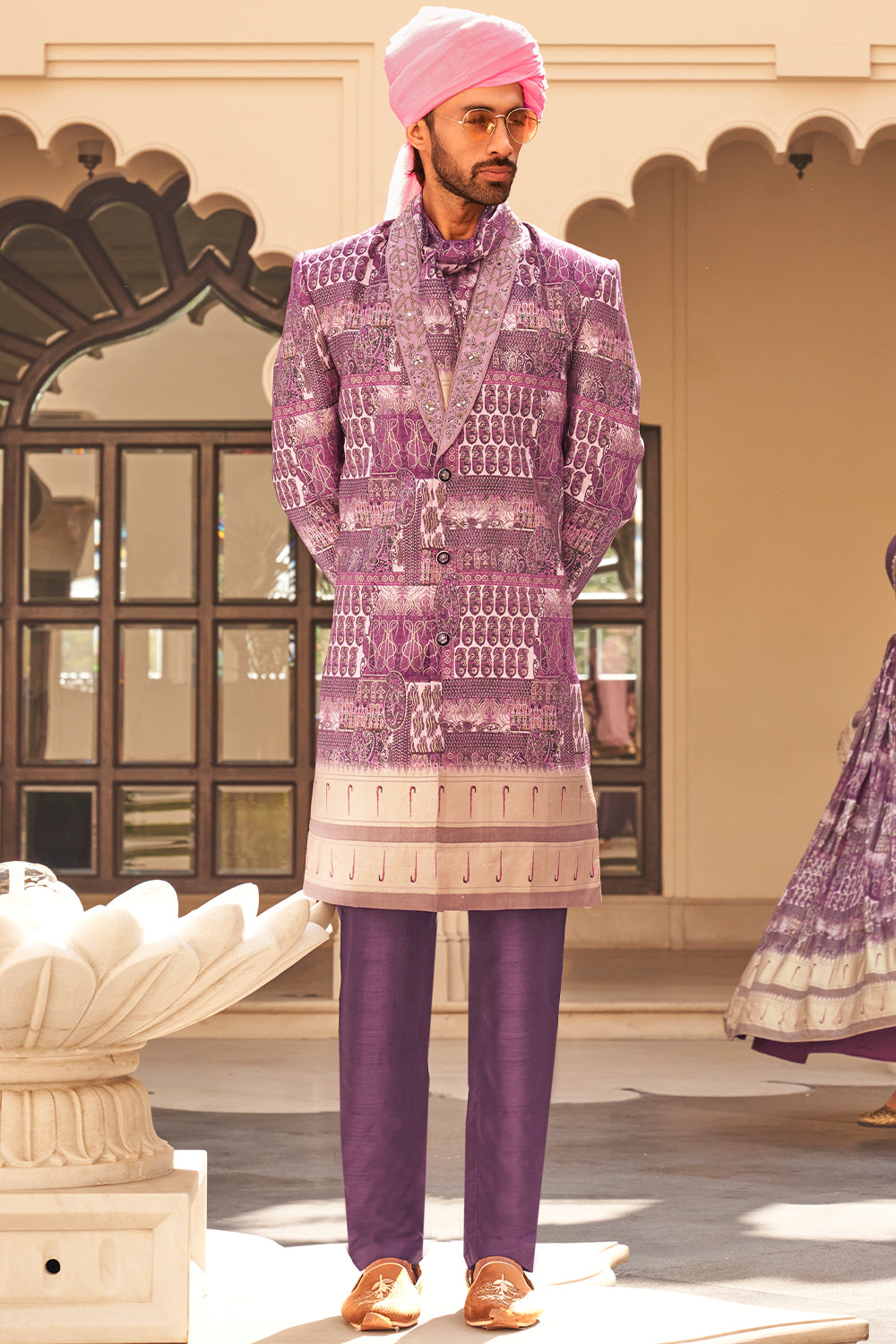 Exclusive latest Purple  designer mens indowestern sherwani kurta in pure pv silk and foil print patola inspired with handwork