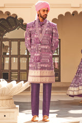 Exclusive latest Purple  designer mens indowestern sherwani kurta in pure pv silk and foil print patola inspired with handwork