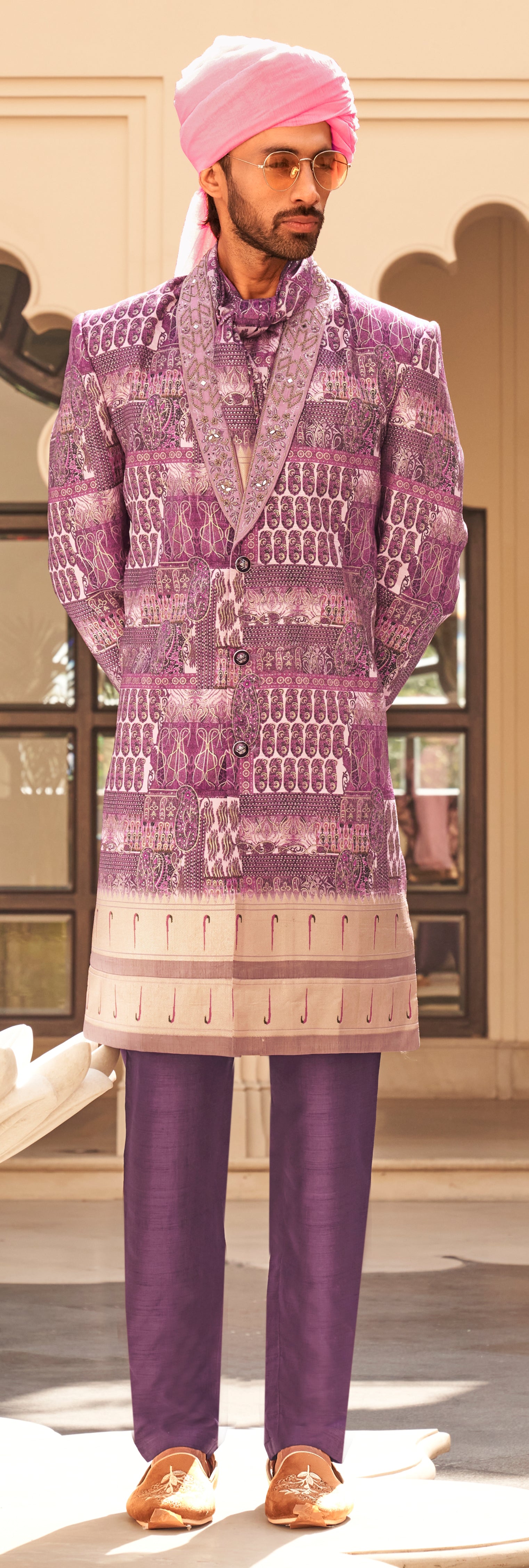 Exclusively for couple combo Purple designer outfit in pure pv silk and foil print with detailed hand mirror work