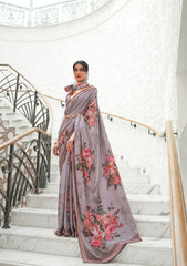 Gray Floral Inspired Digital Printed Kalamkari Saree On pure silk crape