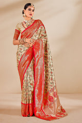 South Indian Orange & Cream Contrast Pure Dharmavaram Silk Designer Saree