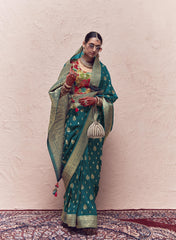 Contrasting Fancy Blouse Saree on Pure Crape Dola Silk Saree with Tussles on Pallu